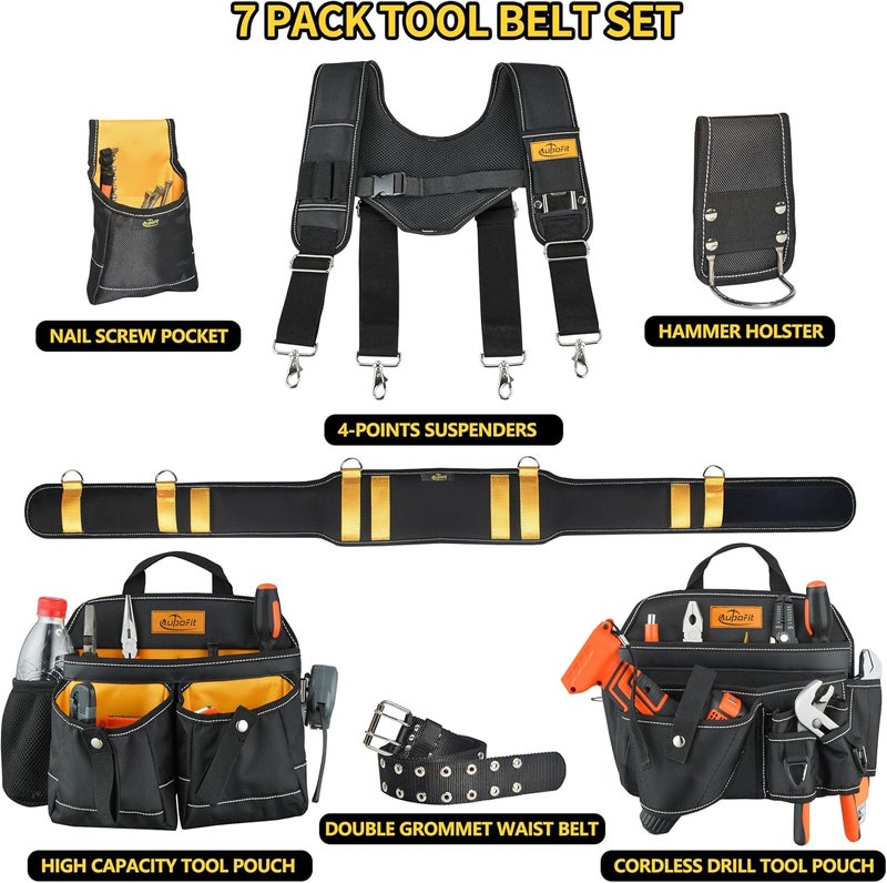 aupofit Comfortable Tough Thick 7-Piece Tool Belt with Suspenders 32 Pockets and Loops,1680D Denier Fabric Heavy Duty Tool Belts with Carry Handles, Fits Waists 36-49In, Black and Yellow - Image 5